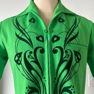 VINTAGE 50'S SEAR'S HAWAIIAN FASHION GREEN DK POLY + VELVET ZIP UP ALOHA SHIRT M